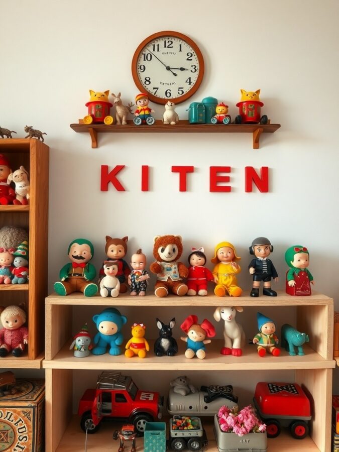 17 Must-Have Vintage Home Decor Items for Timeless Style 14 A collection of vintage toys displayed on shelves, featuring colorful figures, a clock, and the letters'KITEN'.
