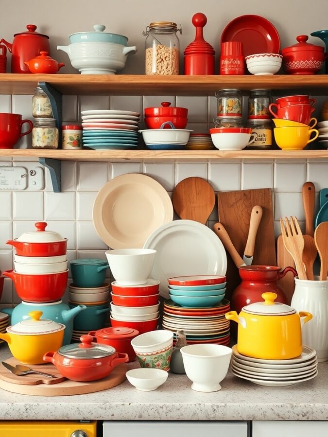 17 Must-Have Vintage Home Decor Items for Timeless Style 15 A colorful display of vintage kitchenware including pots, plates, and bowls on wooden shelves.