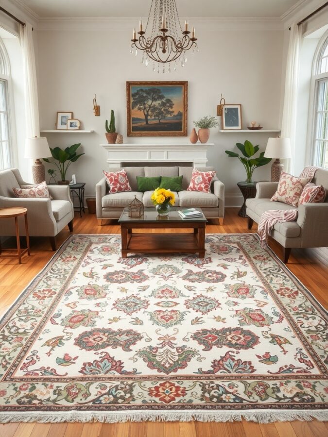17 Must-Have Vintage Home Decor Items for Timeless Style 16 A cozy living room featuring a classic vintage rug with floral patterns, complemented by soft furniture and warm lighting.
