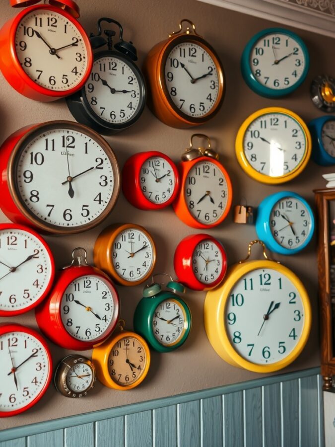17 Must-Have Vintage Home Decor Items for Timeless Style 13 A colorful collection of retro wall clocks in various sizes and styles on a wall.