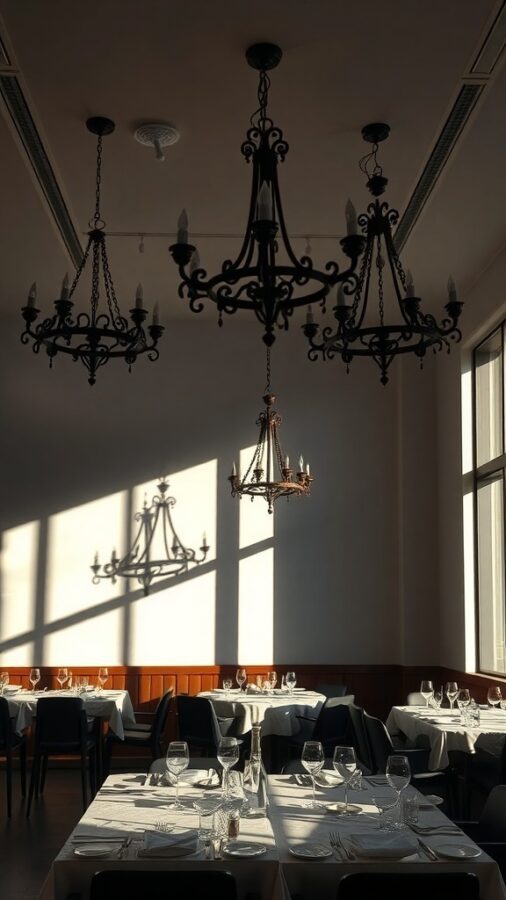 10 Stunning Dark Home Decor Ideas to Transform Your Space 2 Elegant chandeliers casting intricate shadows in a dining room