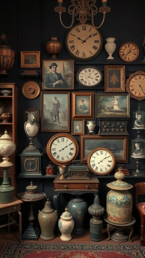 10 Stunning Dark Home Decor Ideas to Transform Your Space 4 Vintage corner with clocks, framed art, and antique furniture against dark walls