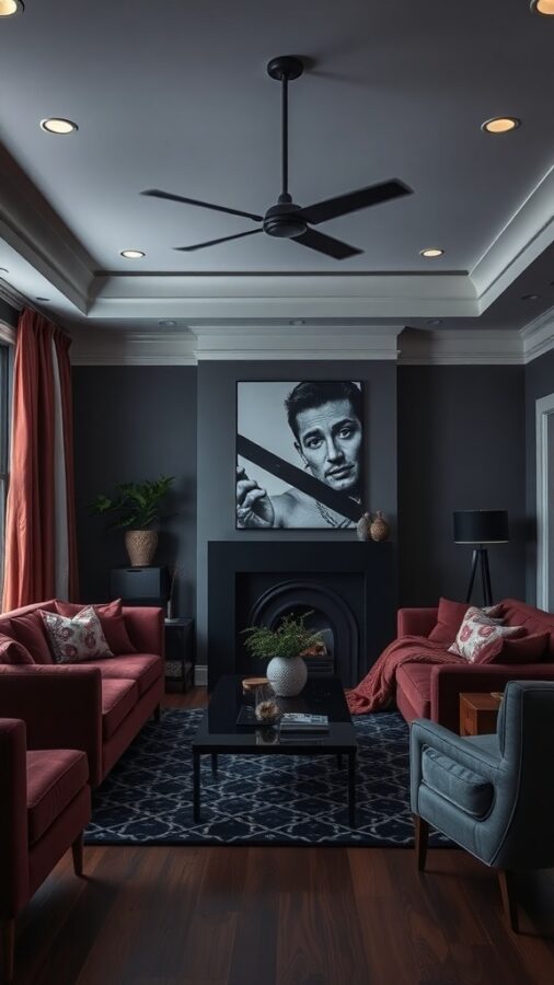 10 Stunning Dark Home Decor Ideas to Transform Your Space 5 Living room with dark walls, red sofas, and striking artwork
