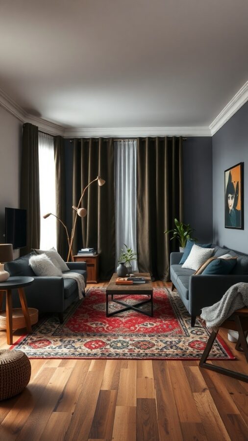 10 Stunning Dark Home Decor Ideas to Transform Your Space 10 Living room with dark curtains, patterned rug, and cozy furniture