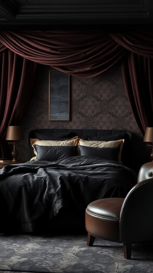 10 Stunning Dark Home Decor Ideas to Transform Your Space 6 Bedroom with rich fabrics, deep red curtains, black bedspread, and leather chair