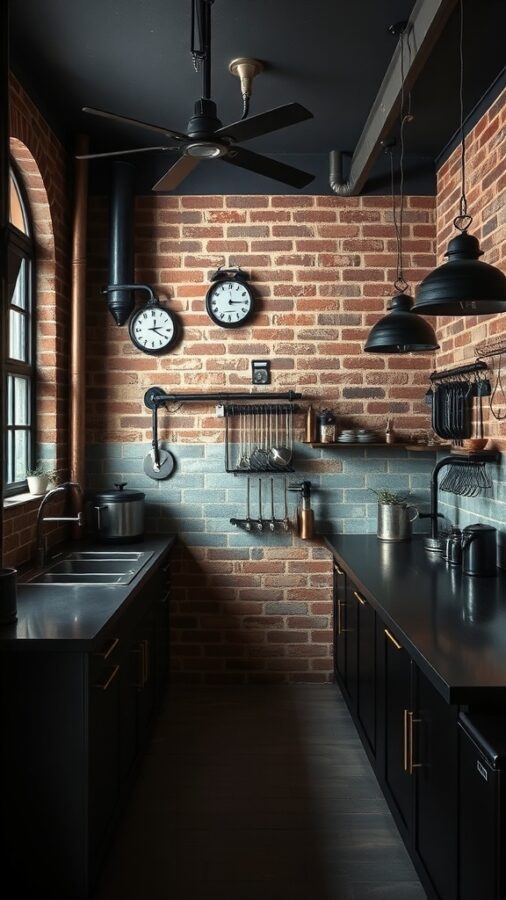 10 Stunning Dark Home Decor Ideas to Transform Your Space 8 Industrial kitchen with exposed brick, black cabinetry, and metal accents