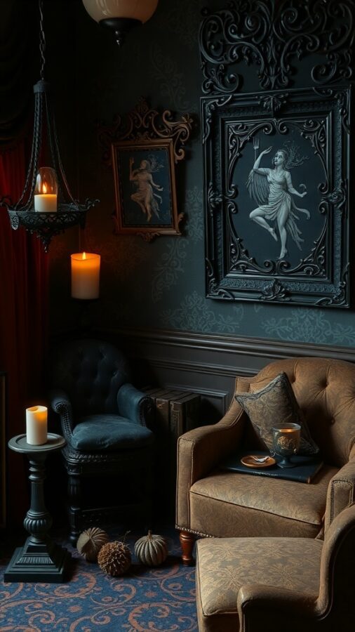 10 Stunning Dark Home Decor Ideas to Transform Your Space 7 Gothic-inspired corner with ornate wall art, plush furniture, and candlelight