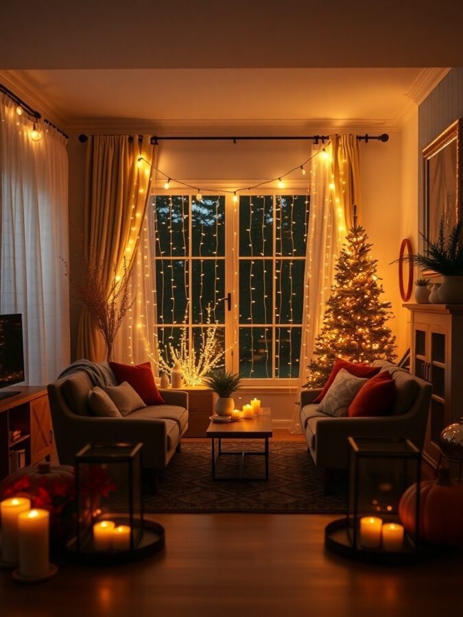 Living room with warm lighting, string lights, and candles