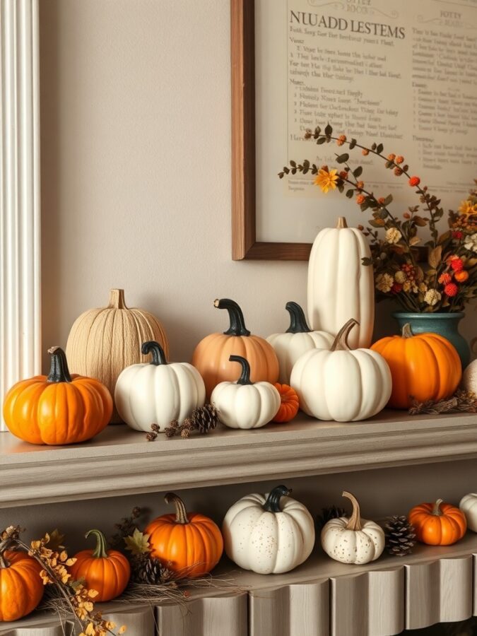 Decorative pumpkins in various colors and sizes on a mantel
