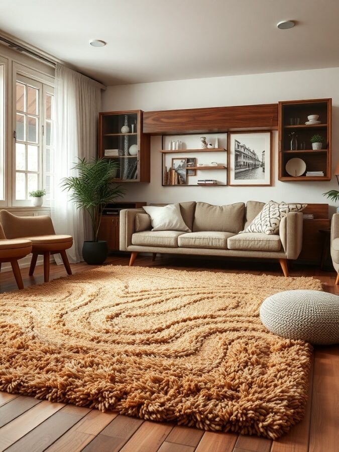 Living room with textured rug and wooden furniture