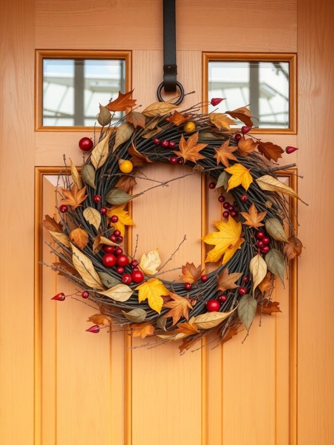 Fall wreath with colorful leaves and berries on a wooden door