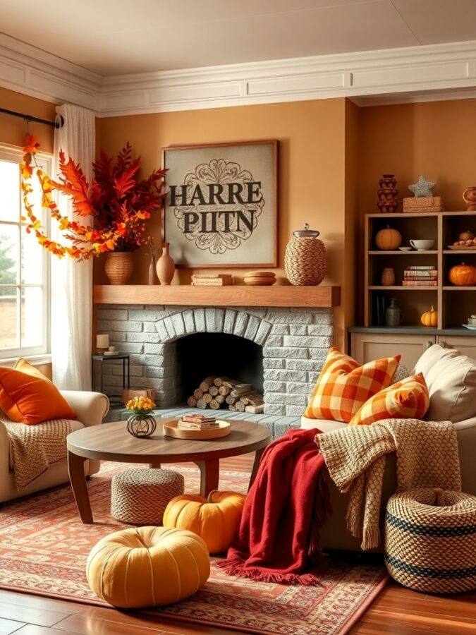 Living room decorated with warm fall colors and pumpkins