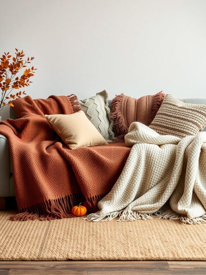 Couch with layered throws and pillows in autumn colors
