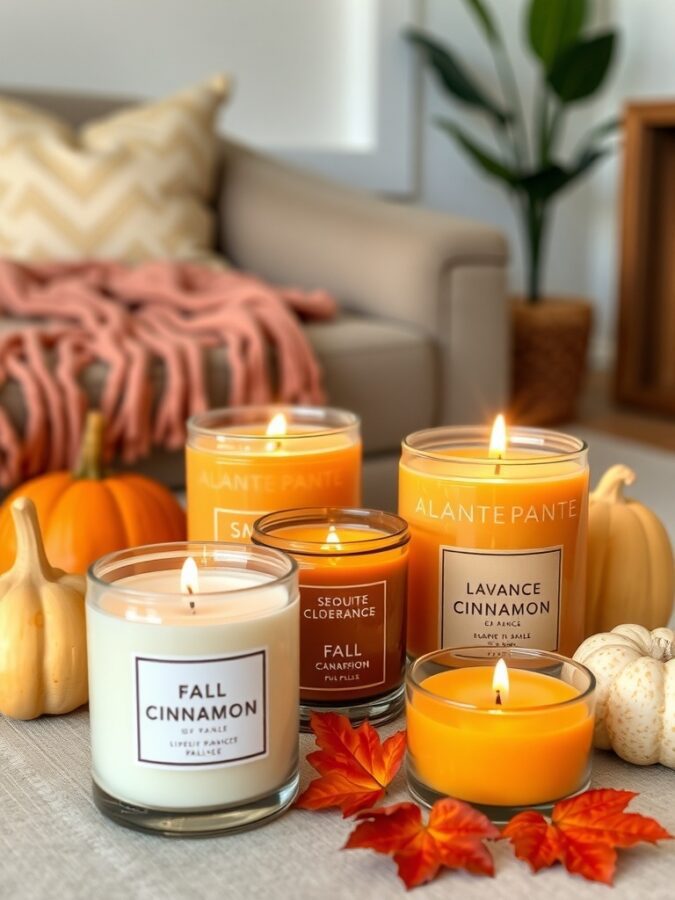 Candles, pumpkins, and a soft blanket creating a cozy fall atmosphere