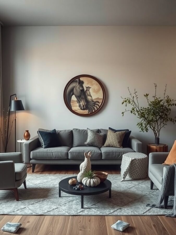 Living room decorated with natural elements like pumpkins and plants