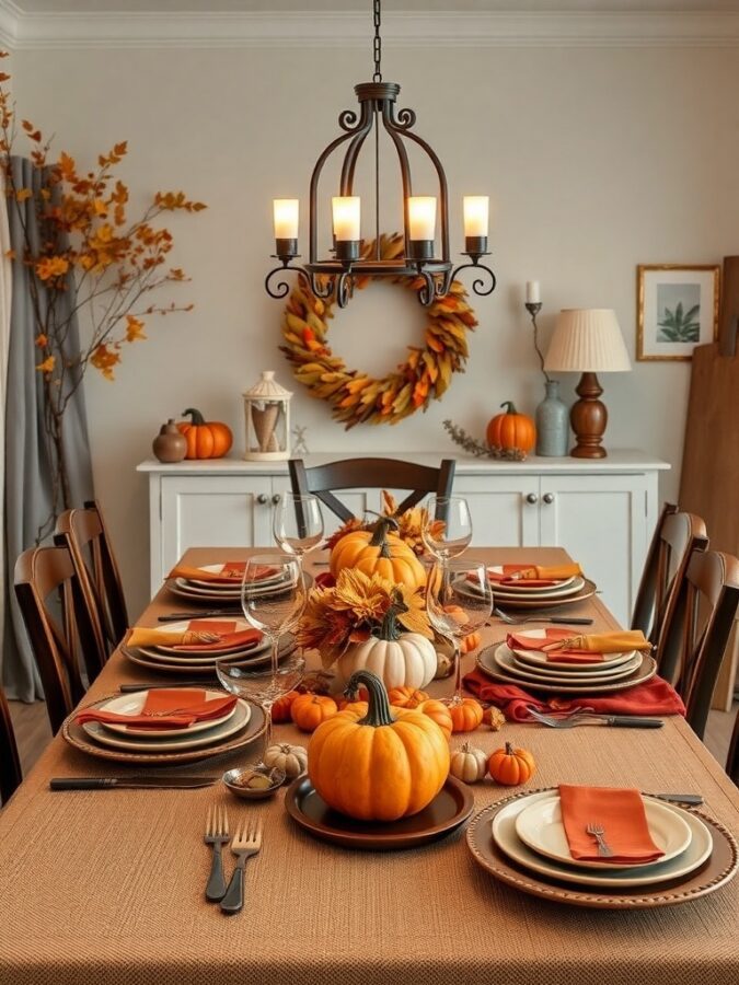 Fall-themed table setting with pumpkins and warm colors