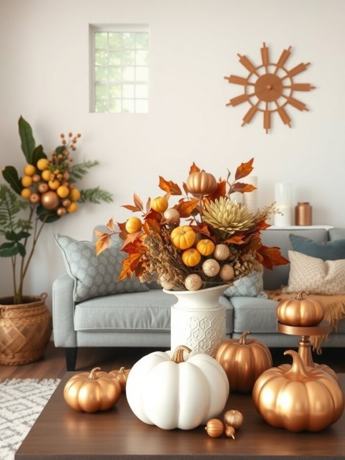 Living room with metallic pumpkins and floral arrangements