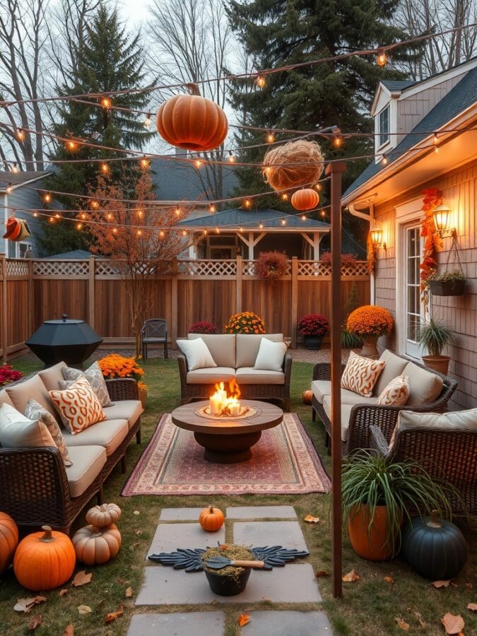 Outdoor seating area decorated with pumpkins and string lights for fall