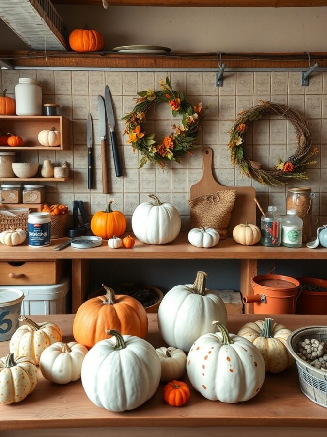 Kitchen with DIY fall decorations including pumpkins and wreaths