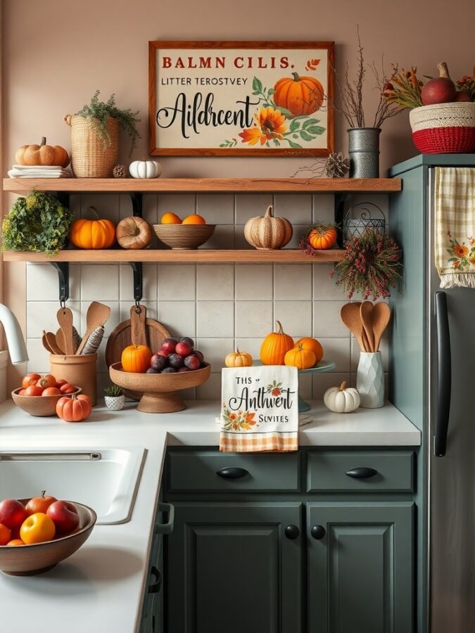 Kitchen decorated with pumpkins, fruits, and autumn-themed items