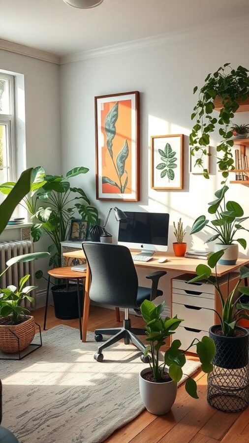 A bright home office with plants, a desk, and a computer.