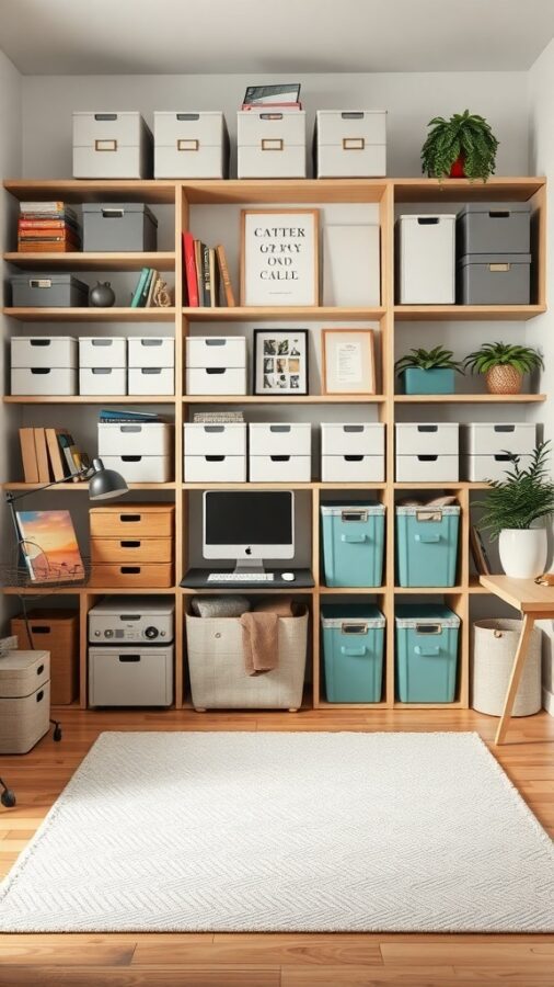 A well-organized home office with shelves filled with storage boxes, books, and plants.