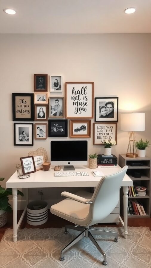 A well-organized home office featuring a desk, computer, and a wall with framed photos and quotes.