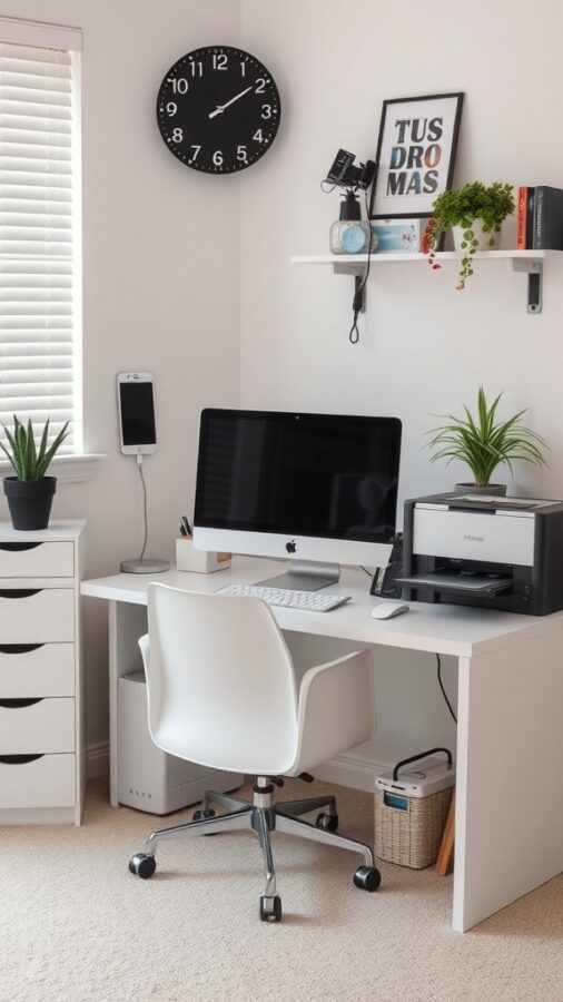 A modern home office setup featuring a computer, printer, plants, and a clock on the wall.