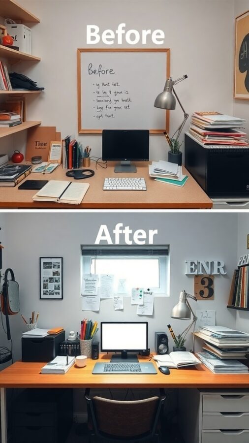 Before and after images of a desk showing a cluttered workspace transformed into an organized one.