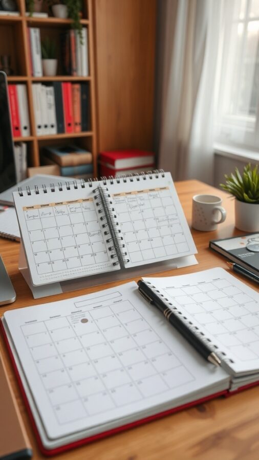 A well-organized home office desk with planners, a coffee cup, and a plant.