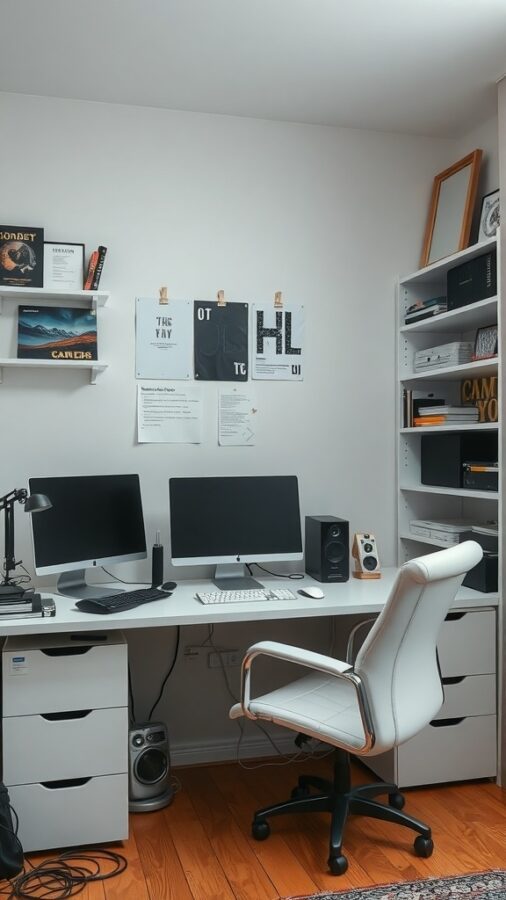 A neatly organized home office with two monitors, a white desk, and minimal visible cables.