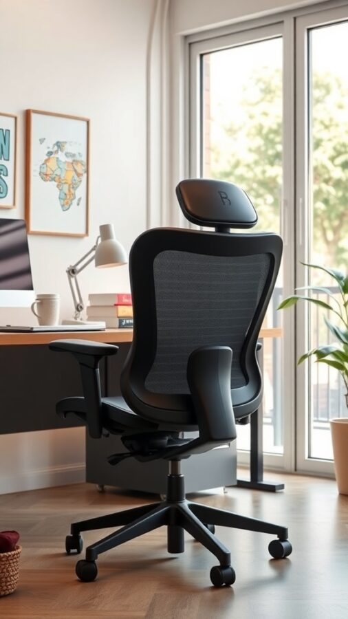 A modern ergonomic office chair in a well-lit home office setting.