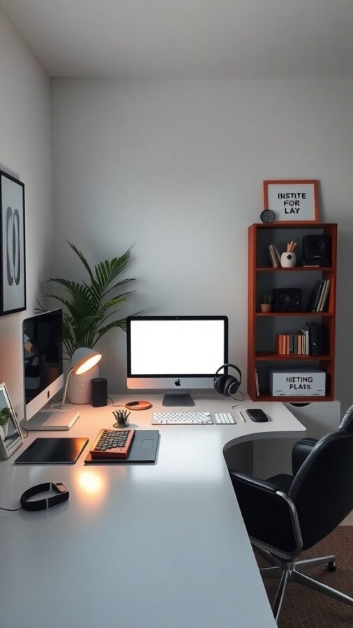 A modern home office setup with a clean desk, computer, and organized shelves.