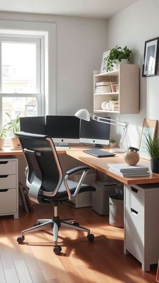 A well-organized home office with two monitors, an ergonomic chair, and plants.
