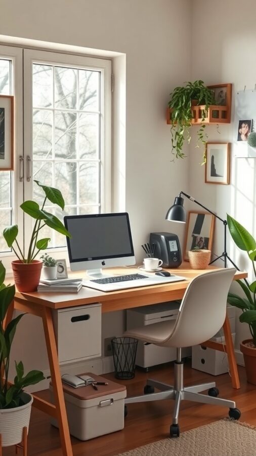 Small home office with desk, computer, plants, and natural light