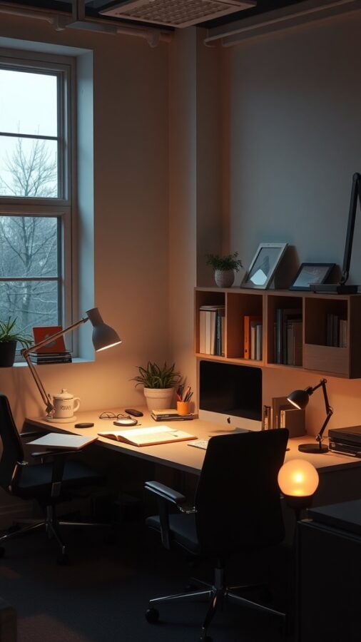 Cozy small office with desk, computer, and warm lighting