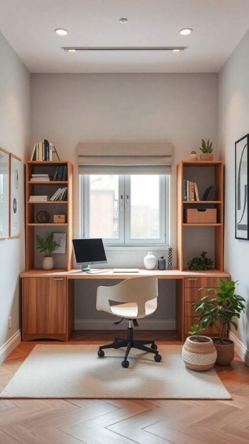 Small home office with wooden desk, shelves, and natural light