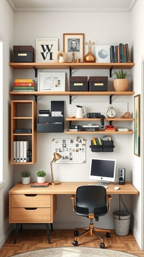 Small office with shelves, desk, and computer utilizing vertical space