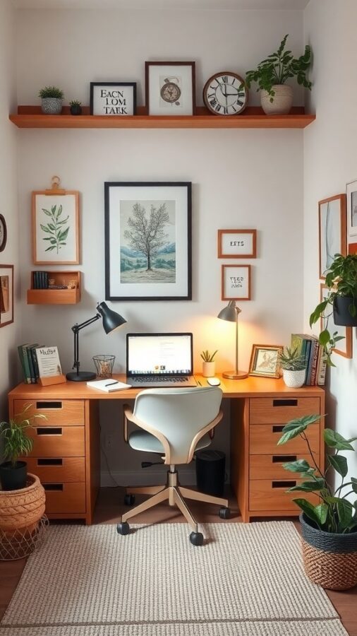 Cozy small office with wooden desk, plants, and framed artwork