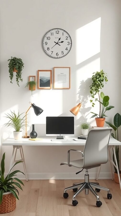 Bright small office with desk, computer, plants, and wall clock