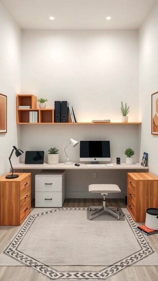 Compact home office with sleek desk, storage drawers, and open shelving