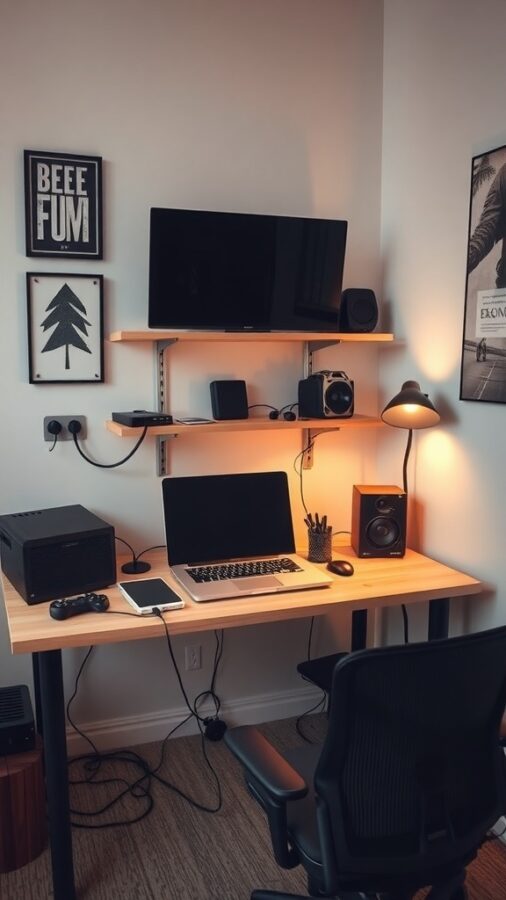 Compact home office with laptop, gaming console, speakers, and shelves