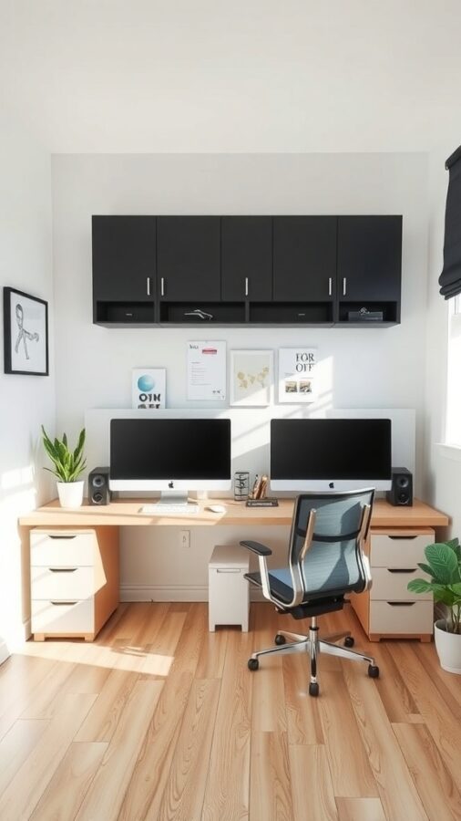 Small office with two computer setups, light wood desk, black cabinets, and plants