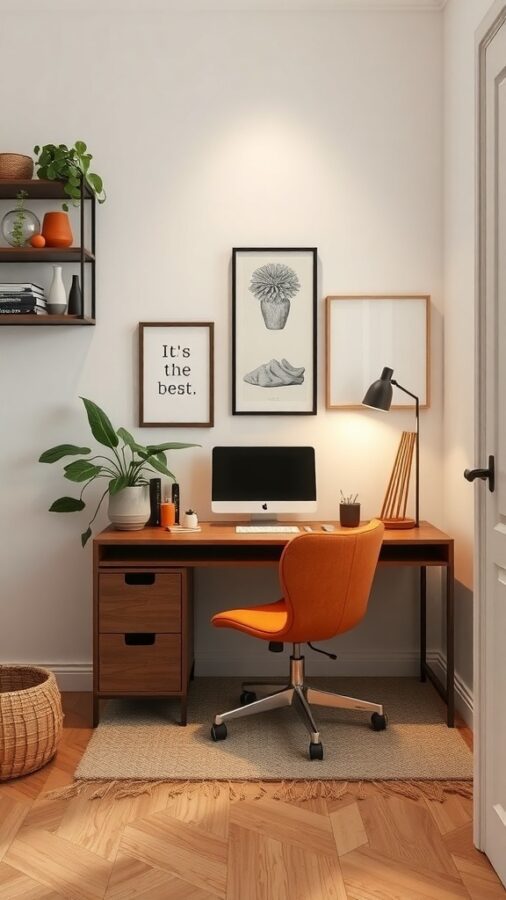 Cozy small home office with wooden desk, orange chair, plants, and wall art