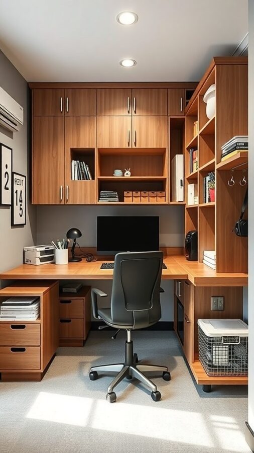 Small home office with wooden desk, shelves, and storage solutions