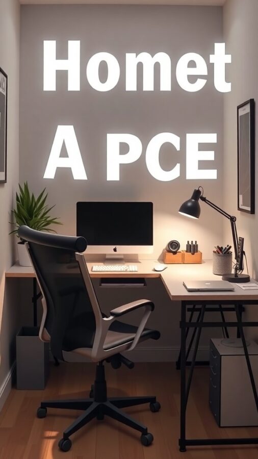 Small home office with desk, computer, chair, and bold wall text