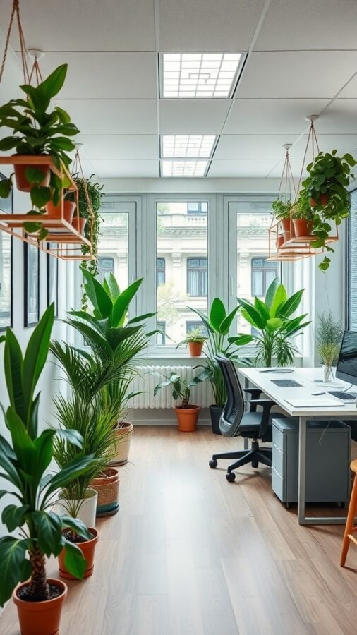 Small office filled with indoor plants near large windows