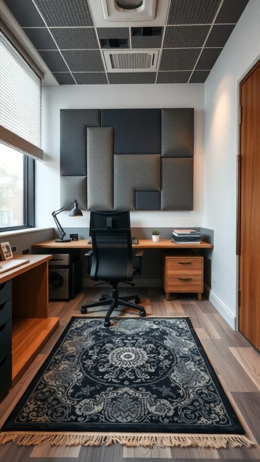Small home office with acoustic panels, desk, and decorative rug