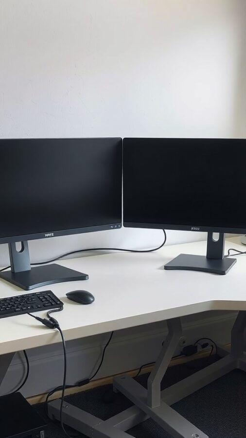 Cable Management for Dual Monitors Dual monitor setup with visible cables underneath the desk