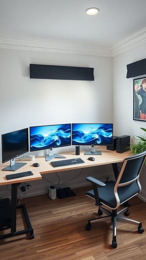 Ideal Desk Space for Dual Monitors Modern home office with dual monitors, spacious wooden desk, ergonomic chair, and plant
